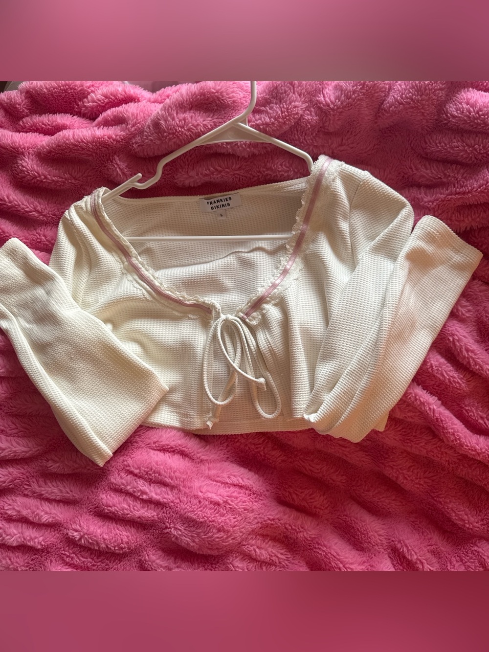 Frankie's Bikinis Ivory Waffle Knit Bandeau with Pink Trim